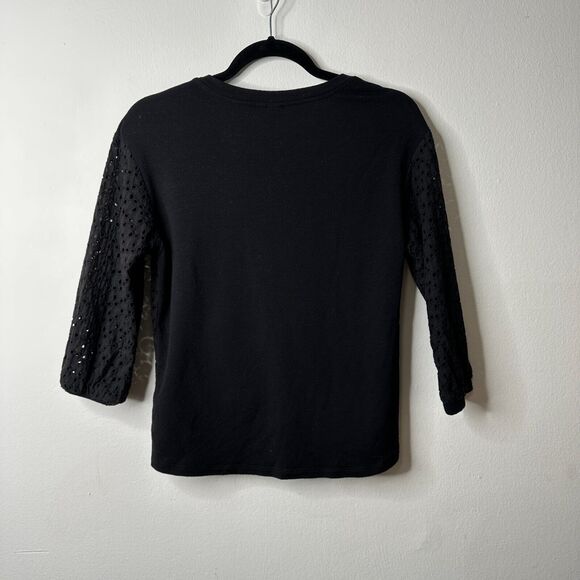 Allison Joy Black Eyelet Lace Front Tie 3/4 Sleeve Round Neck Blouse XS - Picture 3 of 10